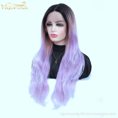 Vigorous best ombre purple color  27 inch curl bulk women heat resistant silk premium synthetic hd lace front wig